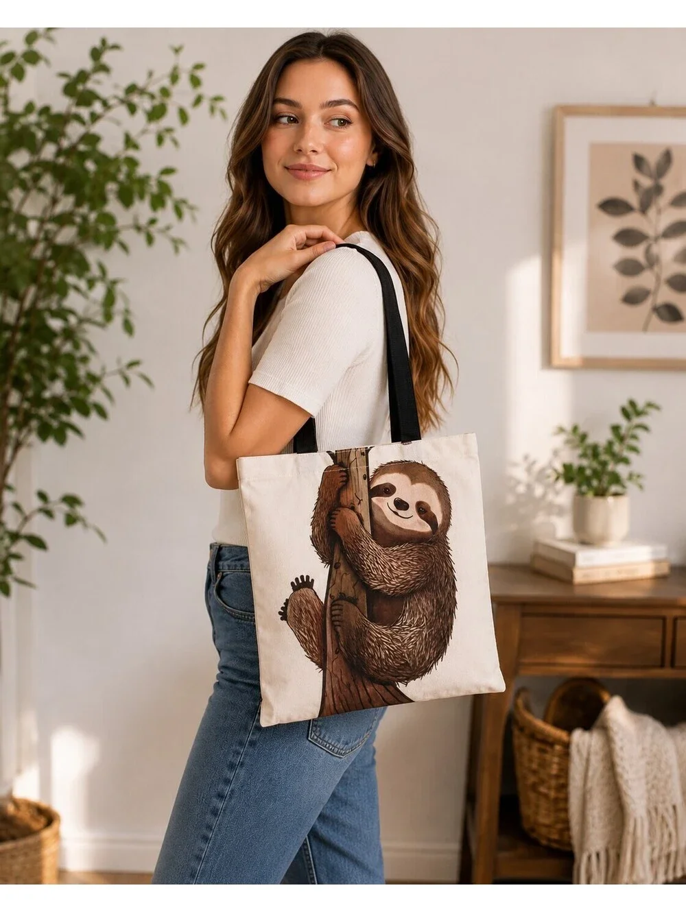 Canvas Tote Bag with Sloth Print